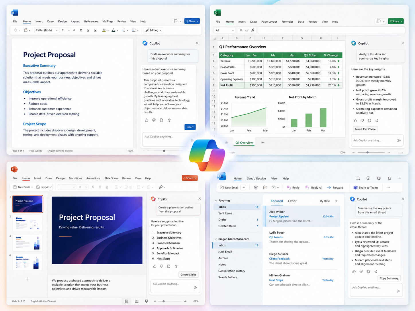 Microsoft 365 Copilot integrado en Word, Excel, PowerPoint y Outlook