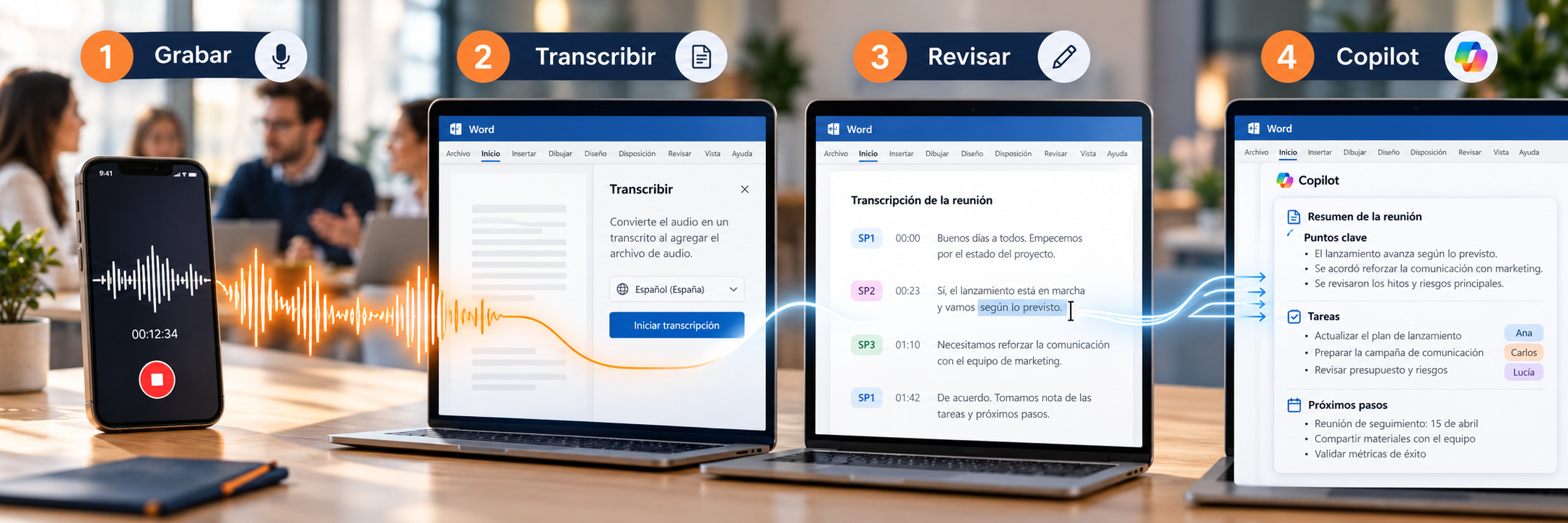 Flujo de móvil a Word, revisión y Copilot