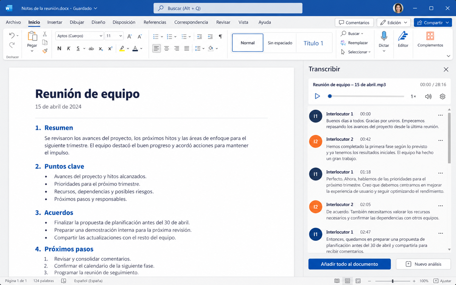 Panel Transcribir de Word con interlocutores y marcas de tiempo