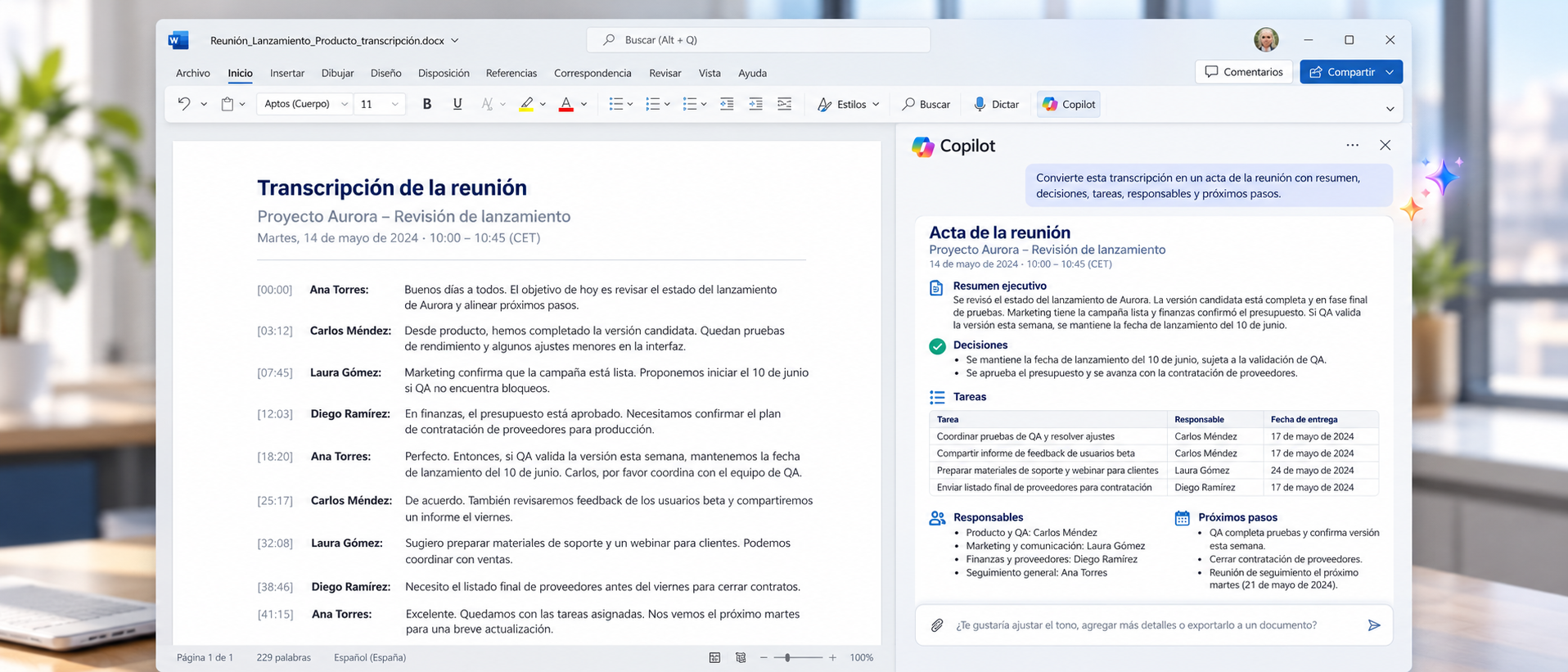 Copilot generando el acta de la reunión en Word