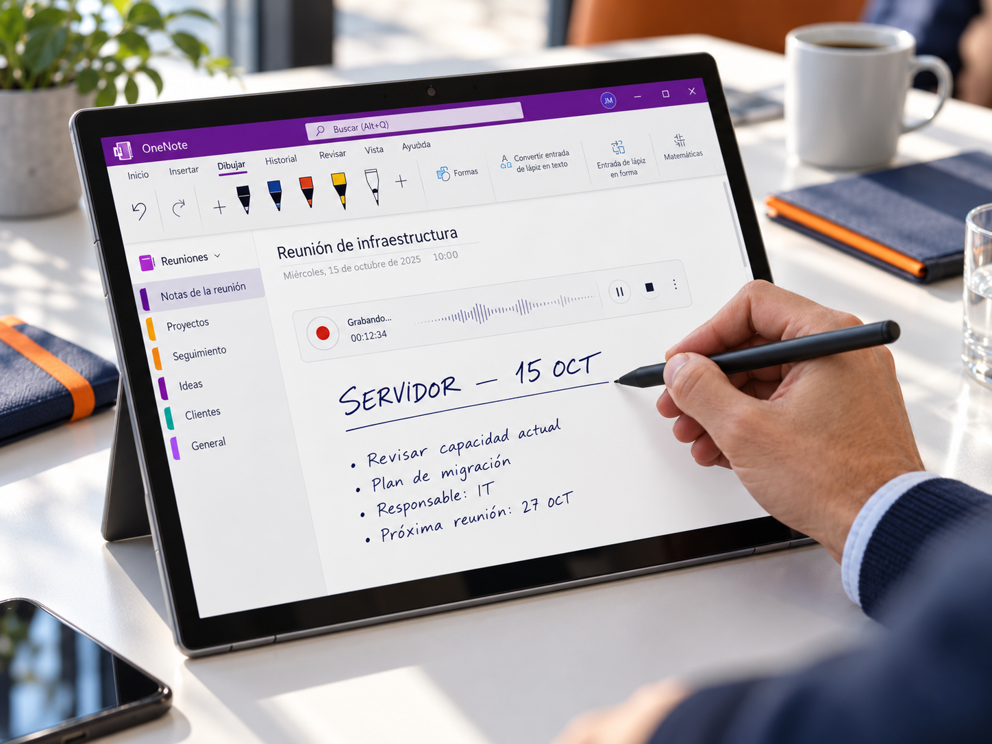 OneNote con una nota a lápiz mientras se graba